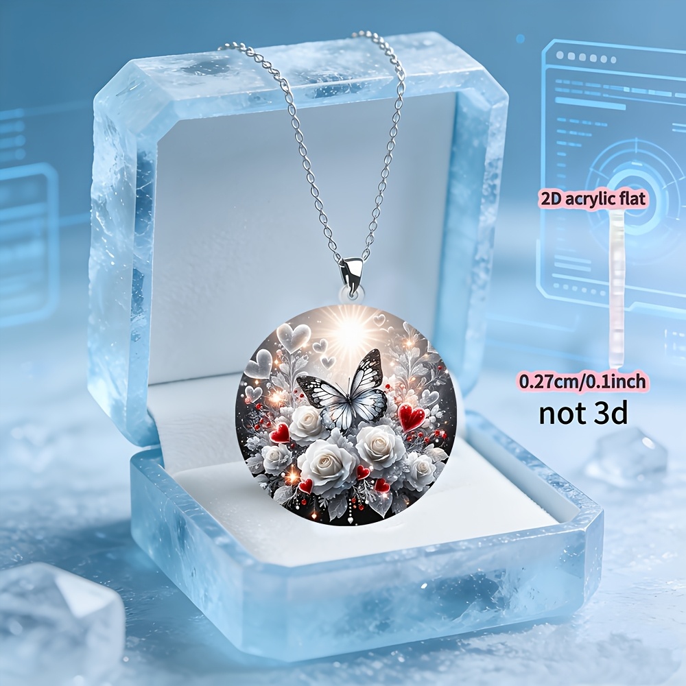 2D Acrylic Snow Butterfly & Rose Flower Pendant Necklace, Whimsical Design